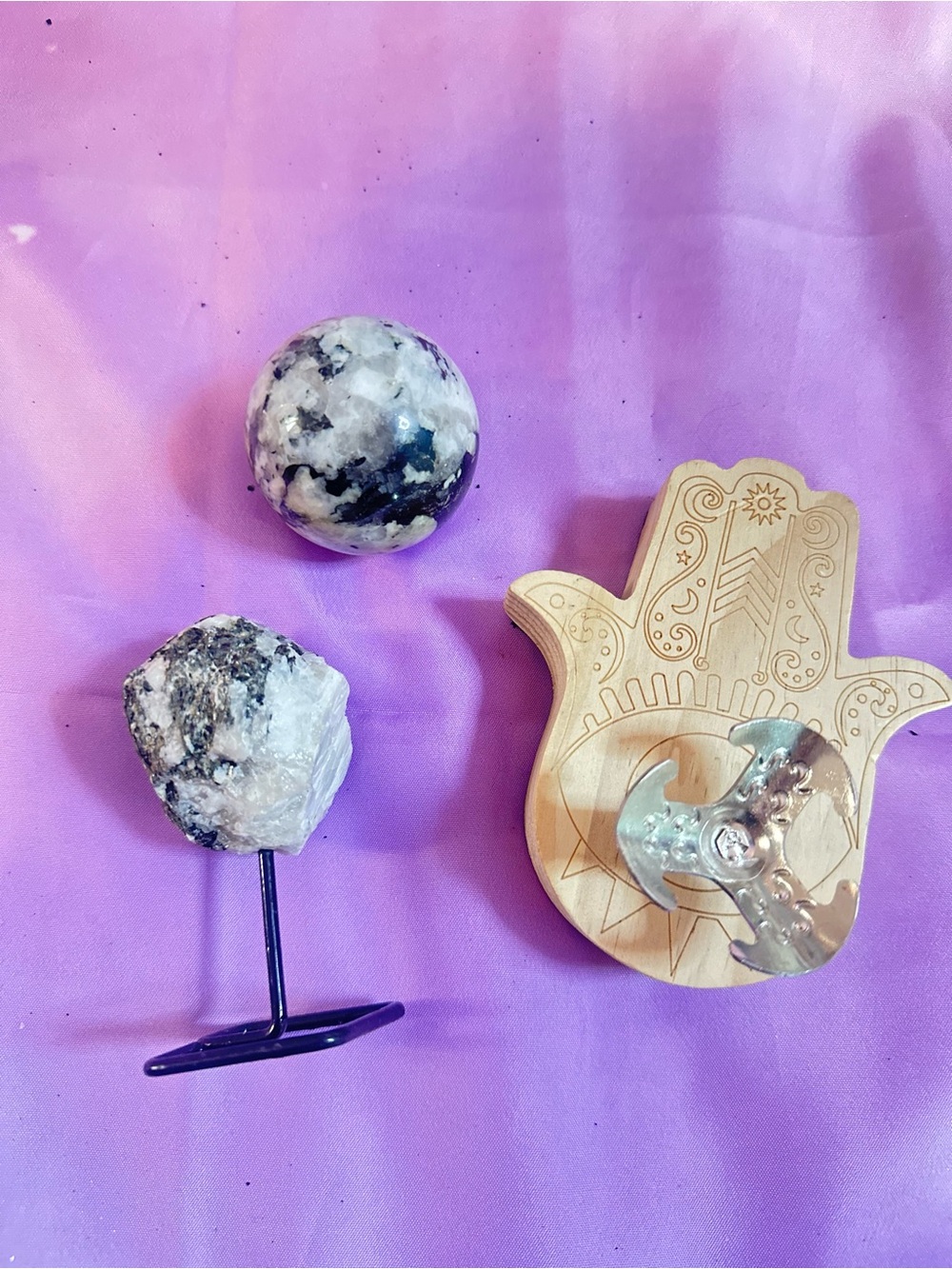 3 Piece Rainbow Moonstone Crystal Bundle! Raw on Stand, Sphere + Hamsa Holder